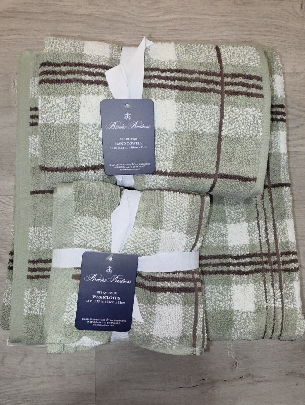 8 Pcs Brooks Brothers, 100% Cotton Sage Green Plaid Bath Towel Set